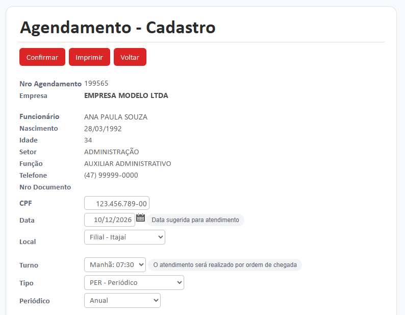 Cadastro do agendamento com funcionário, data, unidade, turno e tipo de exame