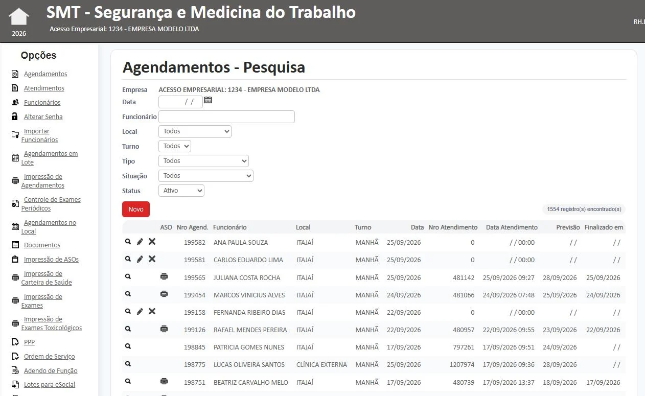 Tela de agendamentos do Acesso Empresarial, com filtros por data, local, turno, tipo e situação