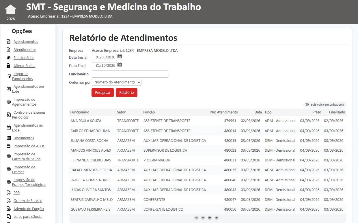 Relatório de atendimentos com período, setor, função, tipo de exame, prazo e finalização