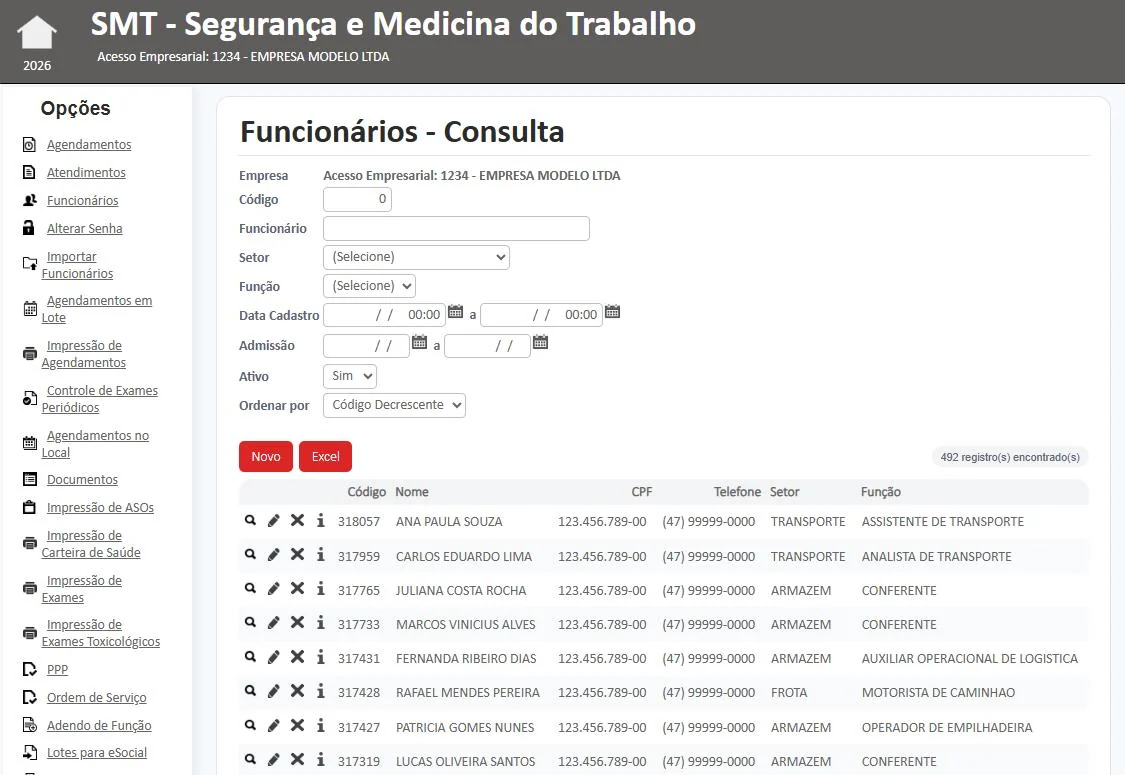 Consulta de funcionários com filtros por setor, função, admissão e situação